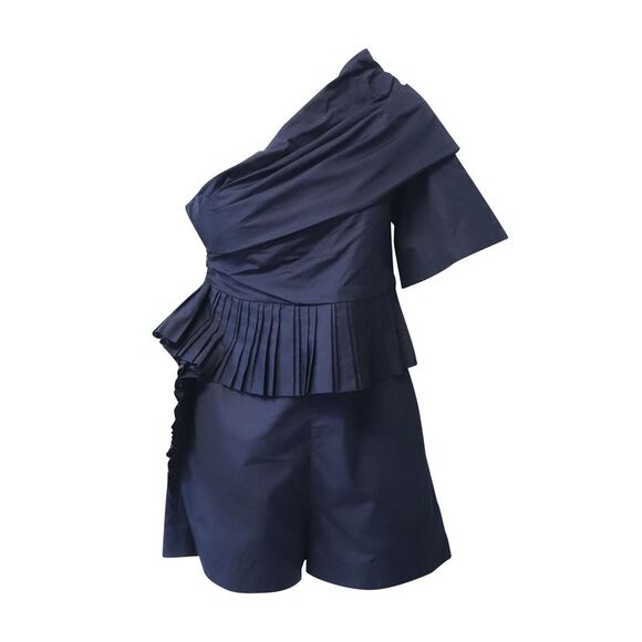Chloe Asymmetrical Pleated Playsuit in Navy Blue Cotton